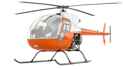 Isolated orange helicopter on display for sale, modern aerial vehicle for transport and travel
