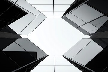 high-angle view of symmetrical high-rise buildings with black-and-white tones, geometric shapes and glass curtain walls for minimalist modern urban architecture background