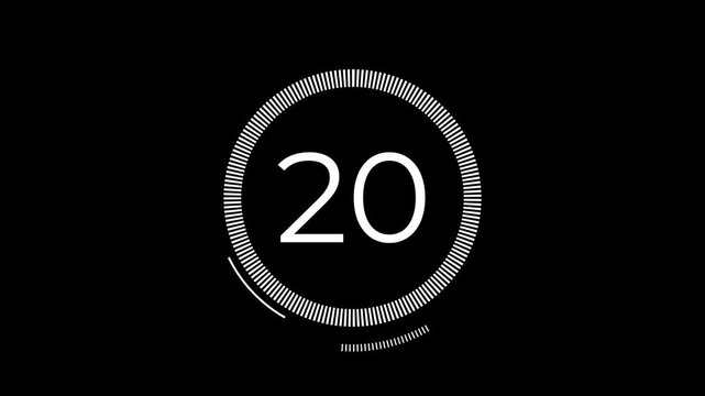 Countdown timer animation from twenty five seconds in real time with modern flat design on black background. 4K Video 