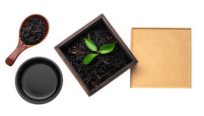 Top-down view of tea leaves in a wooden spoon, tea in bowl, and fresh leaves in a box, on black