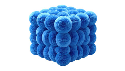 Azure spheres arranged in a cuboid form; luminous highlights and soft, textured surfaces against a black backdrop