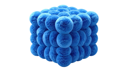 Azure spheres arranged in a cuboid form; luminous highlights and soft, textured surfaces against a black backdrop
