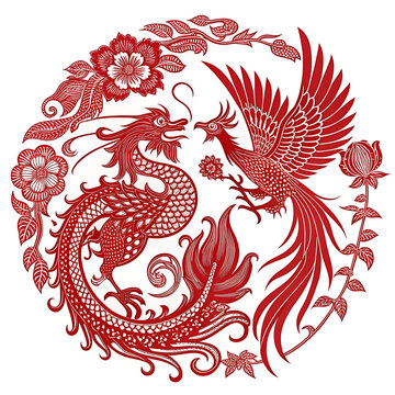 A paper-cut art style (Jianzhi) illustration in bright red, depicting a complex scene of a dragon and a phoenix dancing together.