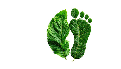 Footprint made of bright green leaves isolated against a black background; one leaf is whole, another shaped like a footprint