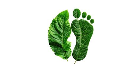 Footprint made of bright green leaves isolated against a black background; one leaf is whole, another shaped like a footprint