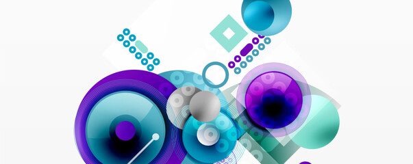 Abstract composition featuring overlapping circles, squares, dots. Vibrant blue, purple, teal hues dominate white background. Modern design elements present.