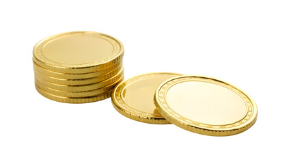 Stack of golden coins forming a rich pile of metal currency and financial savings isolated on a white background for business banking and investment success