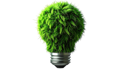 A lightbulb is covered in a dense layer of vibrant green grass-like strands, on a black backdrop