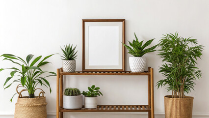 Scandinavian room interior with mock up photo frame on the brown bamboo shelf with beautiful plants in differents hipster and design pots. White walls. Modern and floral concept of shelf
