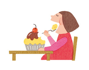 ケーキを食べて幸せそうな女性のイラスト｜スイーツ・ティータイム・糖質摂取