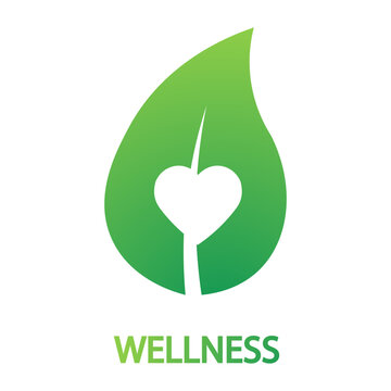 Green leaf icon with heart symbol and wellness text