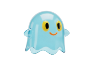 Isolated cute ghost toy, blue translucent plastic figure with a happy cartoon face design