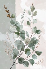 Vintage grunge style minimalist hand drawing illustration of  eucalyptus branch line drawing, wallpaper, muted  sage and pastel beige palette
