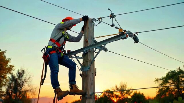 Lineman wearing safety gear works high on a wooden utility pole against a vibrant sunset sky performing essential electrical line maintenance