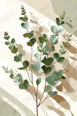 Grunge style hand drawing illustration of minimalist eucalyptus branch line drawing,  pastel beige palette