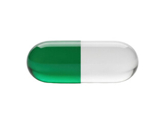 Isolated green-clear capsule, medication, prescription drug, or medical supplement on a plain backdrop