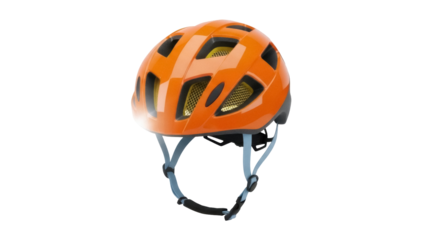 Isolated orange bicycle helmet with straps for child or youth cycling safety outdoors