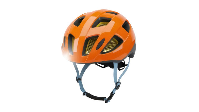 Isolated orange bicycle helmet with straps for child or youth cycling safety outdoors - Powered by Adobe