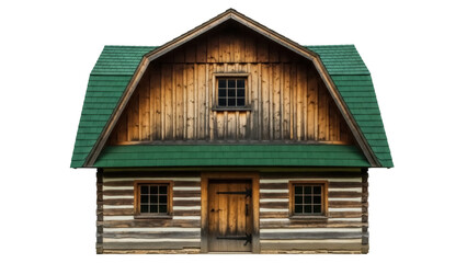 Isolated log cabin with a green roof, barn, and a door, charming rustic architectural style