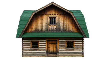 Isolated log cabin with a green roof, barn, and a door, charming rustic architectural style
