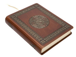 Fototapeta premium Isolated book with ornate cover and celtic knot design, lying on a flat surface, close-up