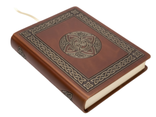 Isolated book with ornate cover and celtic knot design, lying on a flat surface, close-up