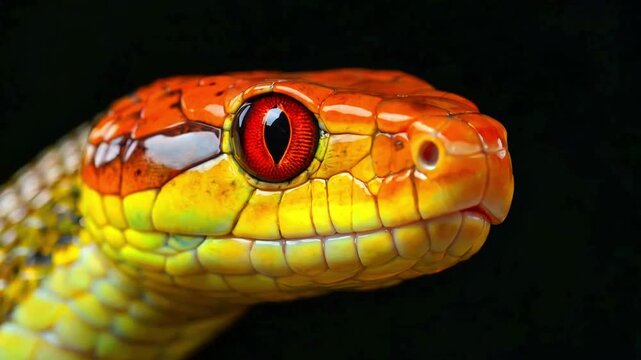 Striking close up macro photograph reveals the vibrant orange and yellow scales and intense red eye of a tropical venomous snake against black