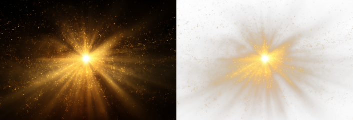 Magical sunburst with golden glow and star PNG suitable for festive digital artwork, glowing celestial backgrounds, sun overlays, and lens flare projects