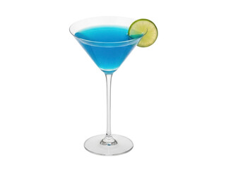 Isolated blue lagoon cocktail with lime garnish, summer refreshment, elegant glass, drink