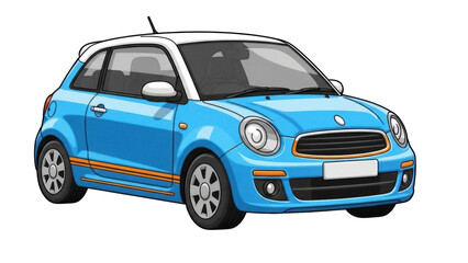 Fototapeta premium Isolated compact car illustration in blue with white roof, no background, automotive