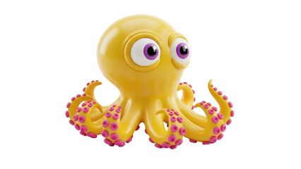 Isolated Yellow Octopus Character with Tentacles and Eyes, Toy or Animation Prop, Cute, 3D Render