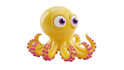 Isolated Yellow Octopus Character with Tentacles and Eyes, Toy or Animation Prop, Cute, 3D Render