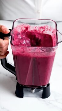 Fresh berry smoothie preparation blending fruit and pouring healthy drink
