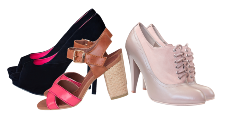 a collection of stylish high heels for women, including peep-toe pumps, strappy sandals, and lace-up booties, perfect for various occasions