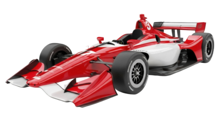 Isolated race car with red and white paint job, ready to compete in speed and efficiency