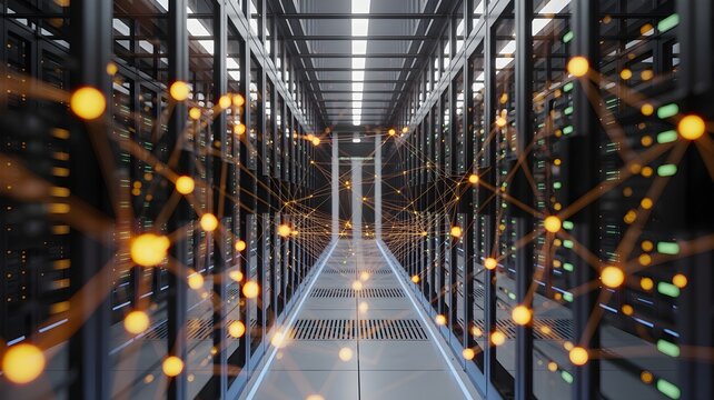 Server rack aisle with overlayed network node visualization representing network monitoring and performance tracking.