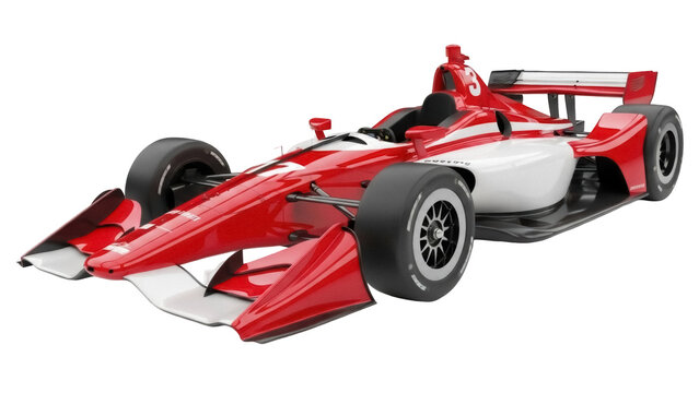 Isolated race car with red and white paint job, ready to compete in speed and efficiency
