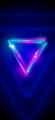 Neon, led triangle. Background, wallpaper for smartphone, mobile phone. Pink blue purple sparkling neon triangle, glowing led lines, triangular frame. HD, 4k backdrop, wallpaper. Vector illustration