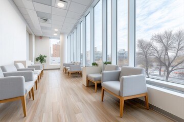 Daylit medical waiting room with modern chairs and large windows for clinic and insurance services