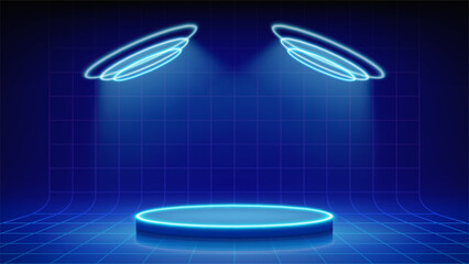 Futuristic blue stage, spotlights, podium. Mesh floor with round podium illuminated by circular cyan blue neon, led. Background for displaying products, presentation. Backdrop. Showcase. Vector