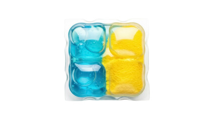 Isolated washing machine pods in blue and yellow color, laundry detergent capsule design