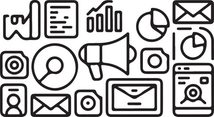 Marketing & Analytics Line Icons &ndash; Megaphone, Charts & Media Set.
