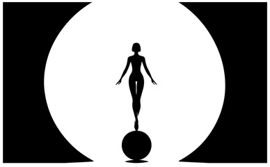 A bold silhouette balances atop a ball inside a bright circular opening, evoking balance, strength, and modern fitness aesthetics in a minimal, dramatic setting for wellness and lifestyle use
