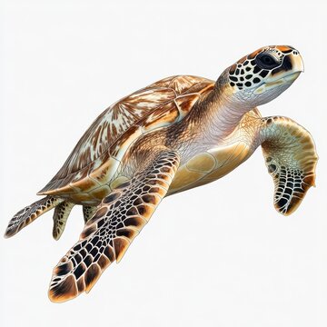 Green sea turtle isolated on white, realistic marine reptile wildlife portrait, ocean animal cutout for design use