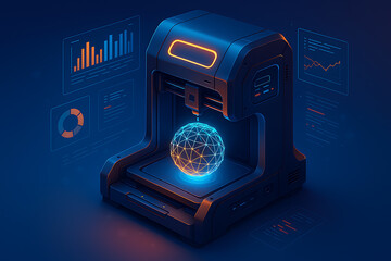 Futuristic 3D printer hologram projecting digital sphere with glowing neon orange and blue technological light