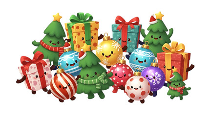 Fototapeta premium Festive christmas tree characters with gifts and ornaments