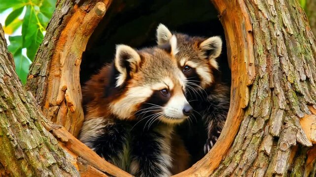 Two adorable baby raccoons peer curiously from the dark hollow of a large roughbarked tree trunk in a lush green forest setting
