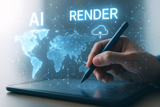 Futuristic AI render concept with cloud computing global map holographic visualization digital analytics technology and virtual international business communication - Powered by Adobe