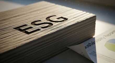 Wooden block with ESG text over business analytics. serious focus on corporate governance and financial reporting for sustainable and ethical investment strategy