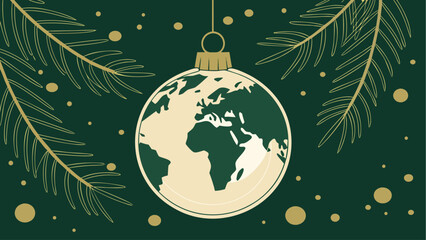 Festive Christmas globe ornament featuring world map design in gold and green tones, elegant holiday vector artwork. © Rahim